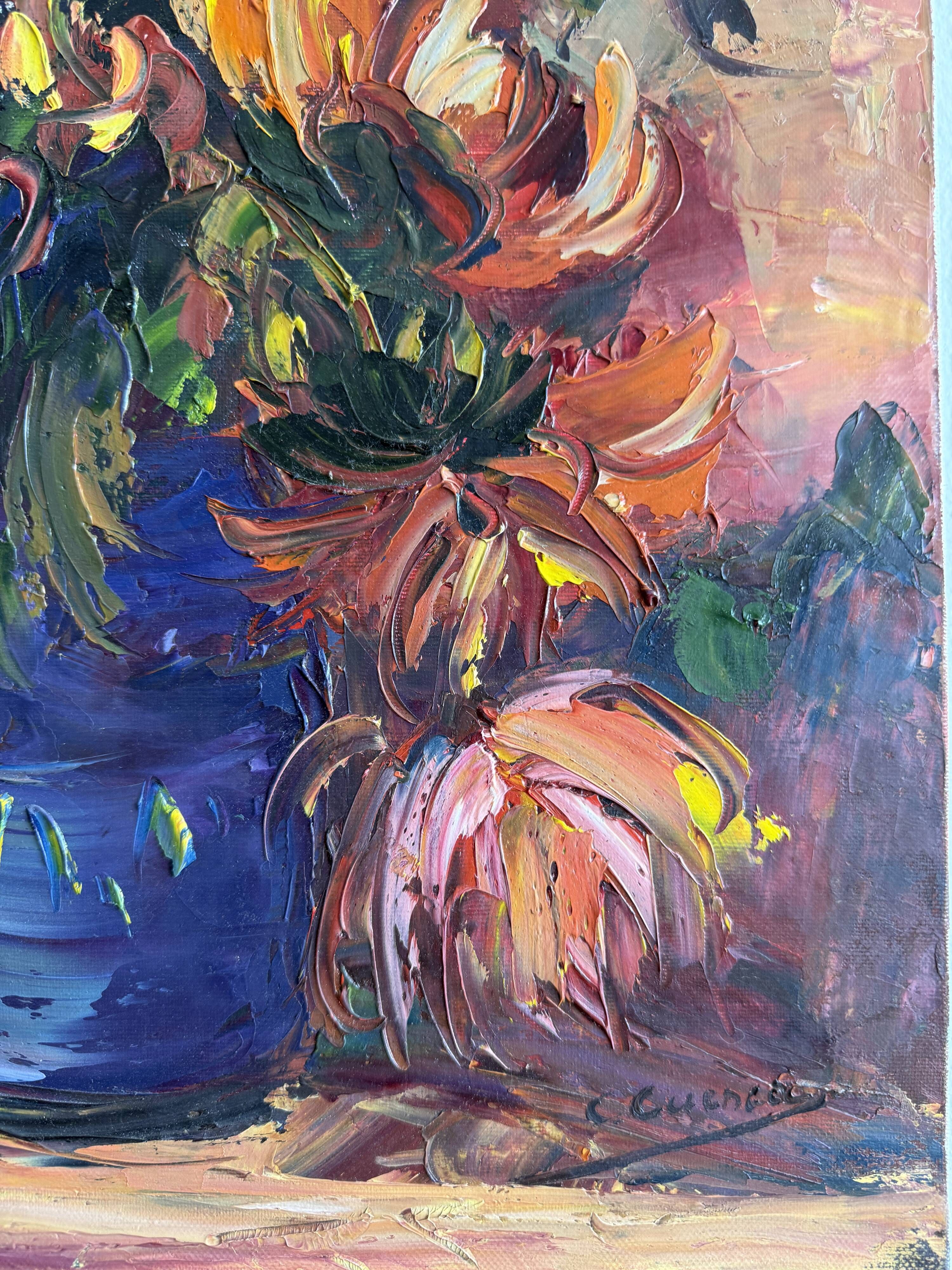 Oil on canvas expressionist colourful flowers in a blue vase.