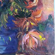 Huile sur toile expressionniste fleurs colorées dans un vase bleu
