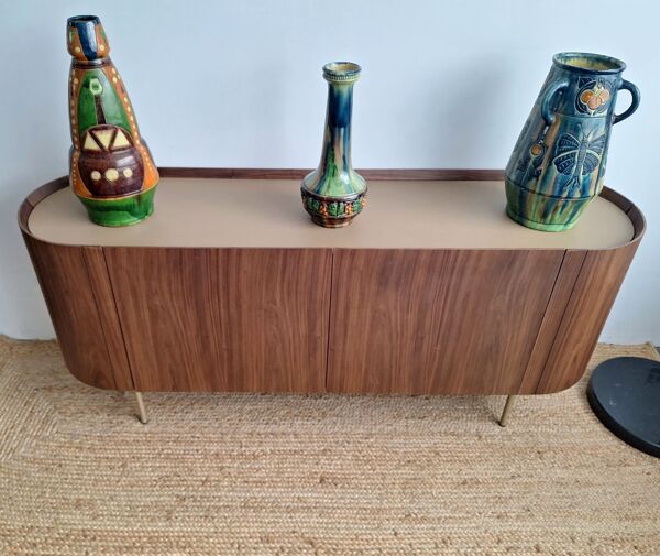Buffet enfilade noyer, plaqué et cuir Aslen AMPM, meuble design
