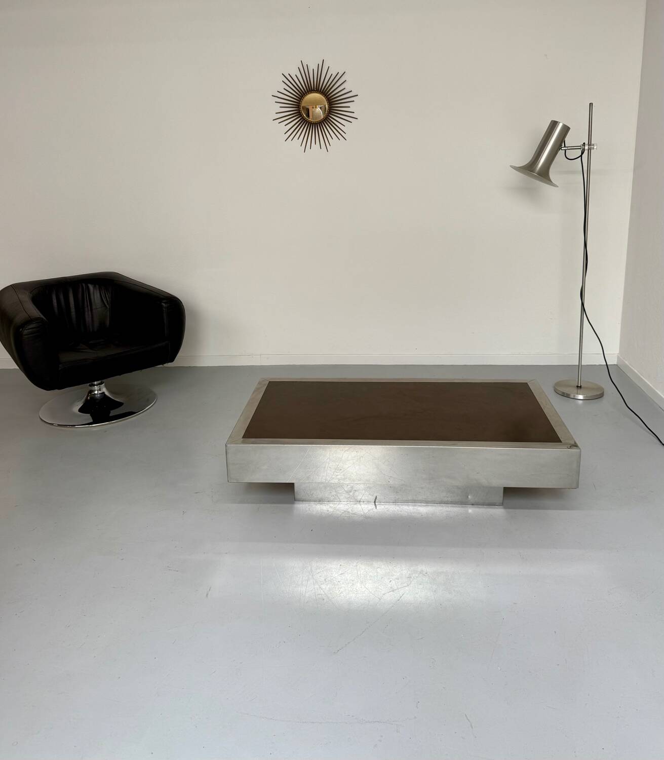 Italian coffee table in chromed metal and vintage brown glass top 70s