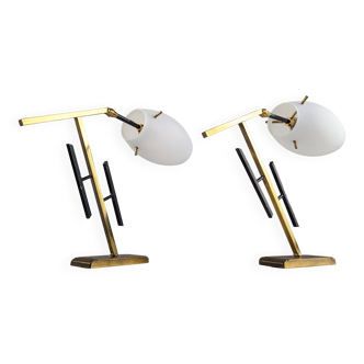 Pair of brass and opaline glass wall lights, Italy 1950s