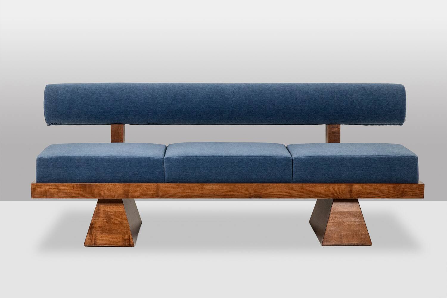 Three-seater bench in light ash and blue mohair velvet. Contemporary.
