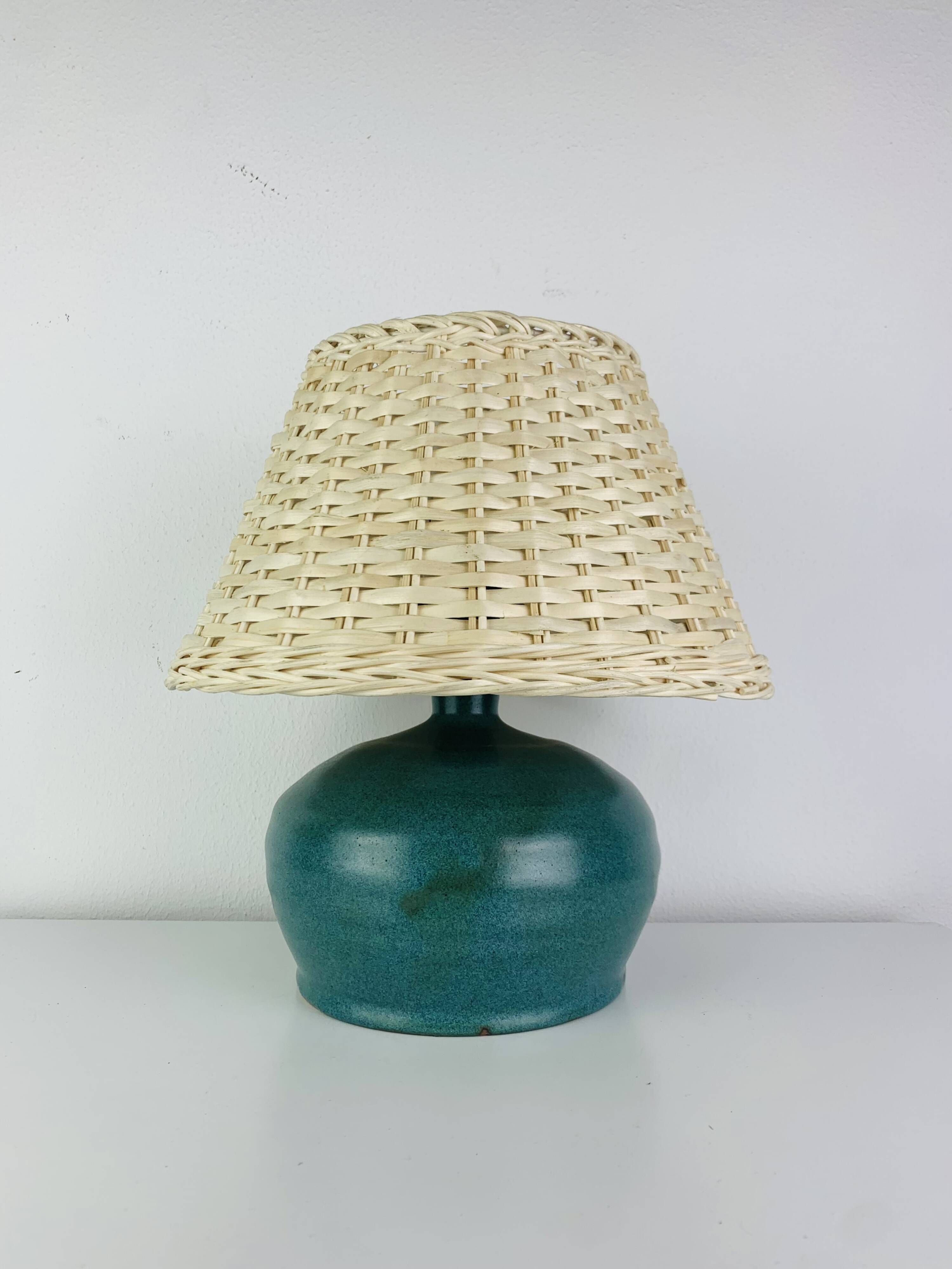 Ceramic green/blue globe lamp, rattan shade, vintage