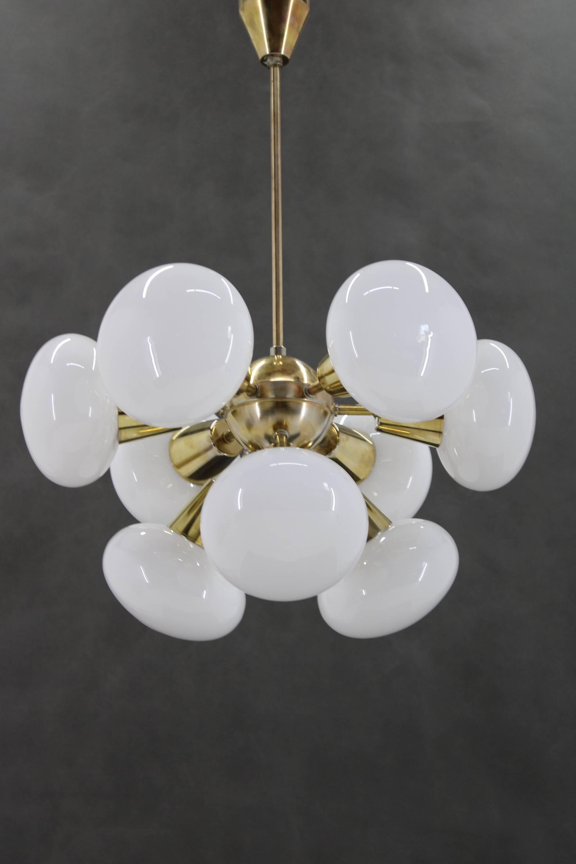 1970s Brass 9-Flamming Chandelier by Sputnik , Czechoslovakia