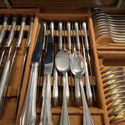 Art Deco important silver-plated metal cutlery set with wooden box Perrin early 20th century