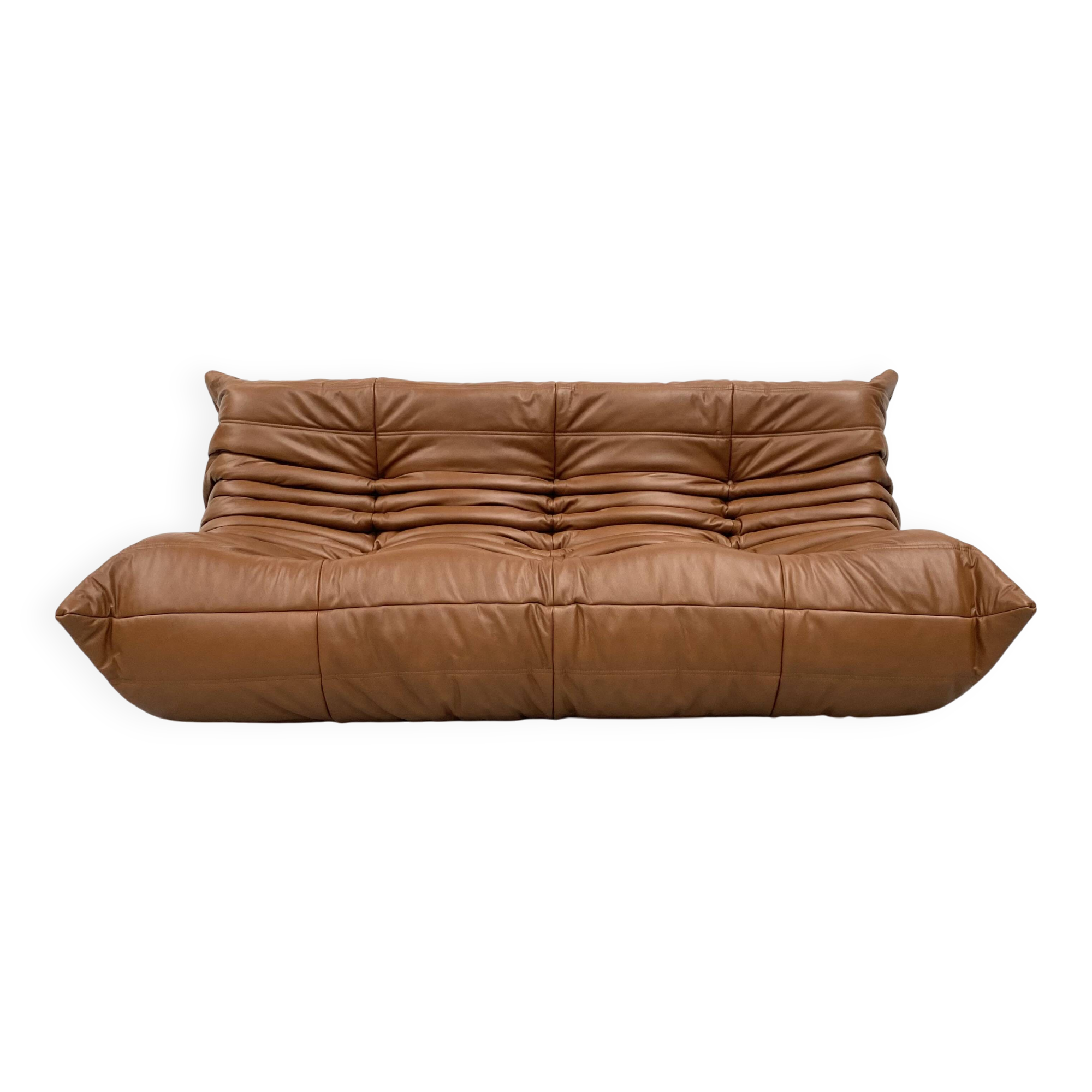 Togo 3-seater in Cognac leather designed by Michel Ducaroy for Ligne Roset.