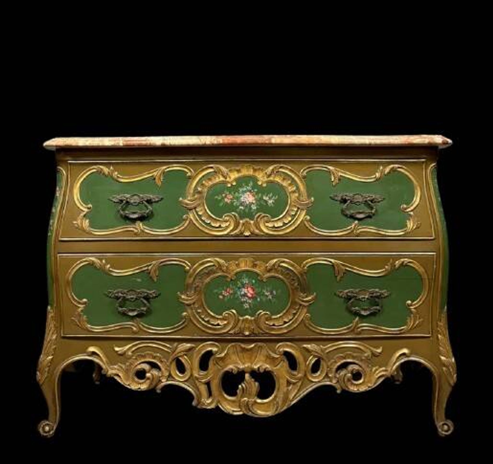 Commode sauteuse Vénitienne galbée style louis XV en bois doré et bois laqu
