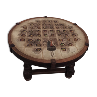 Round tiled coffee table with peacock decoration signed Barrois