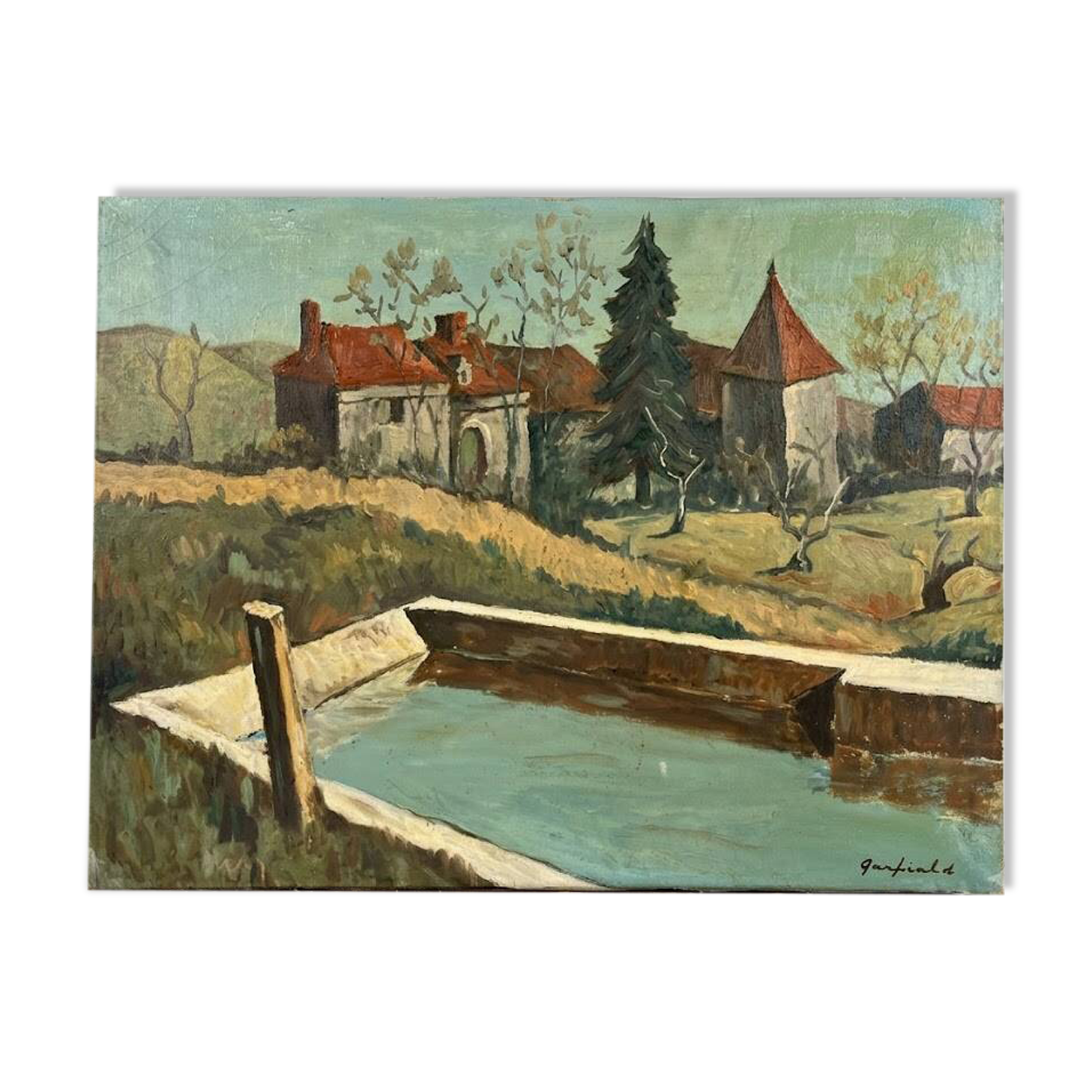 Provençal landscape tableau with a basin signed Janfield.