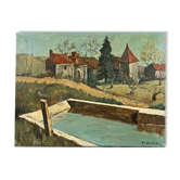 Tableau paysage provençal avec bassin signé Janfield