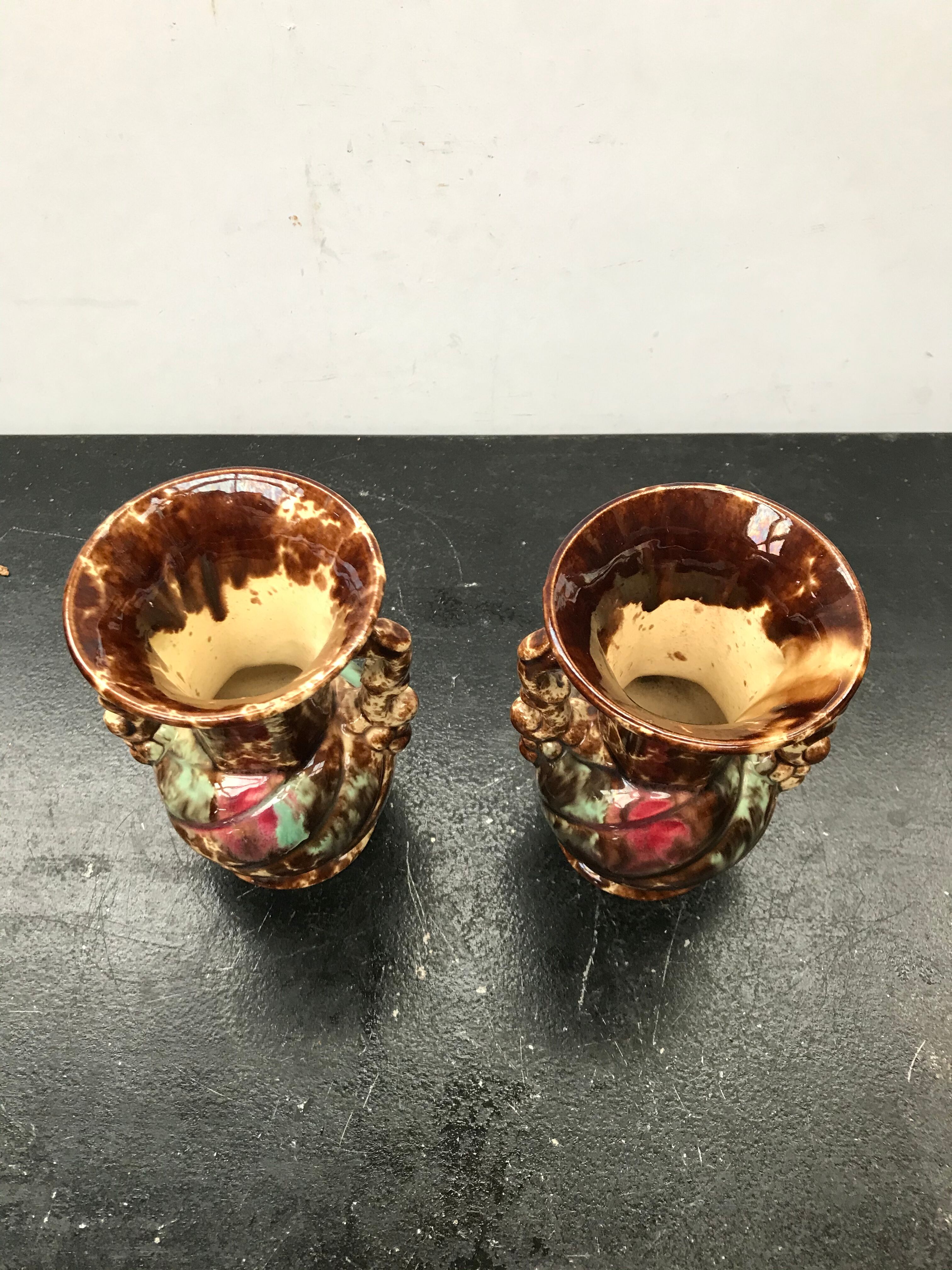 Pair of old vases with vintage beige brown ceramic handles
