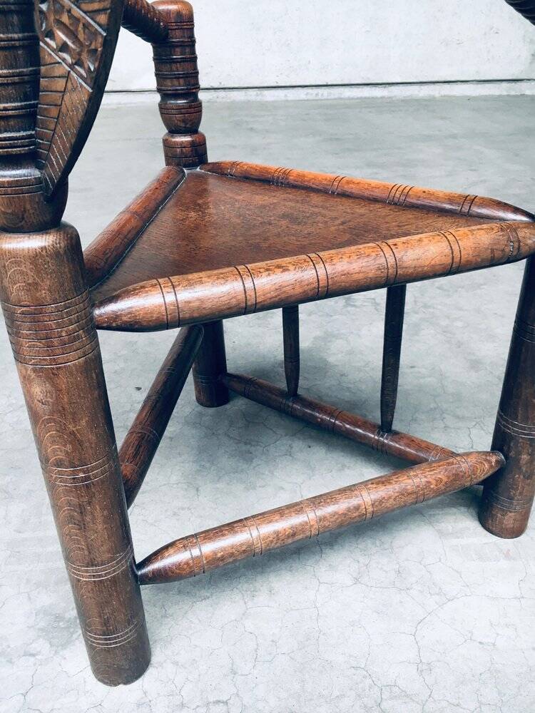 Brutalist Carved Oak Tripod Monk Chair, Sweden, 1930s