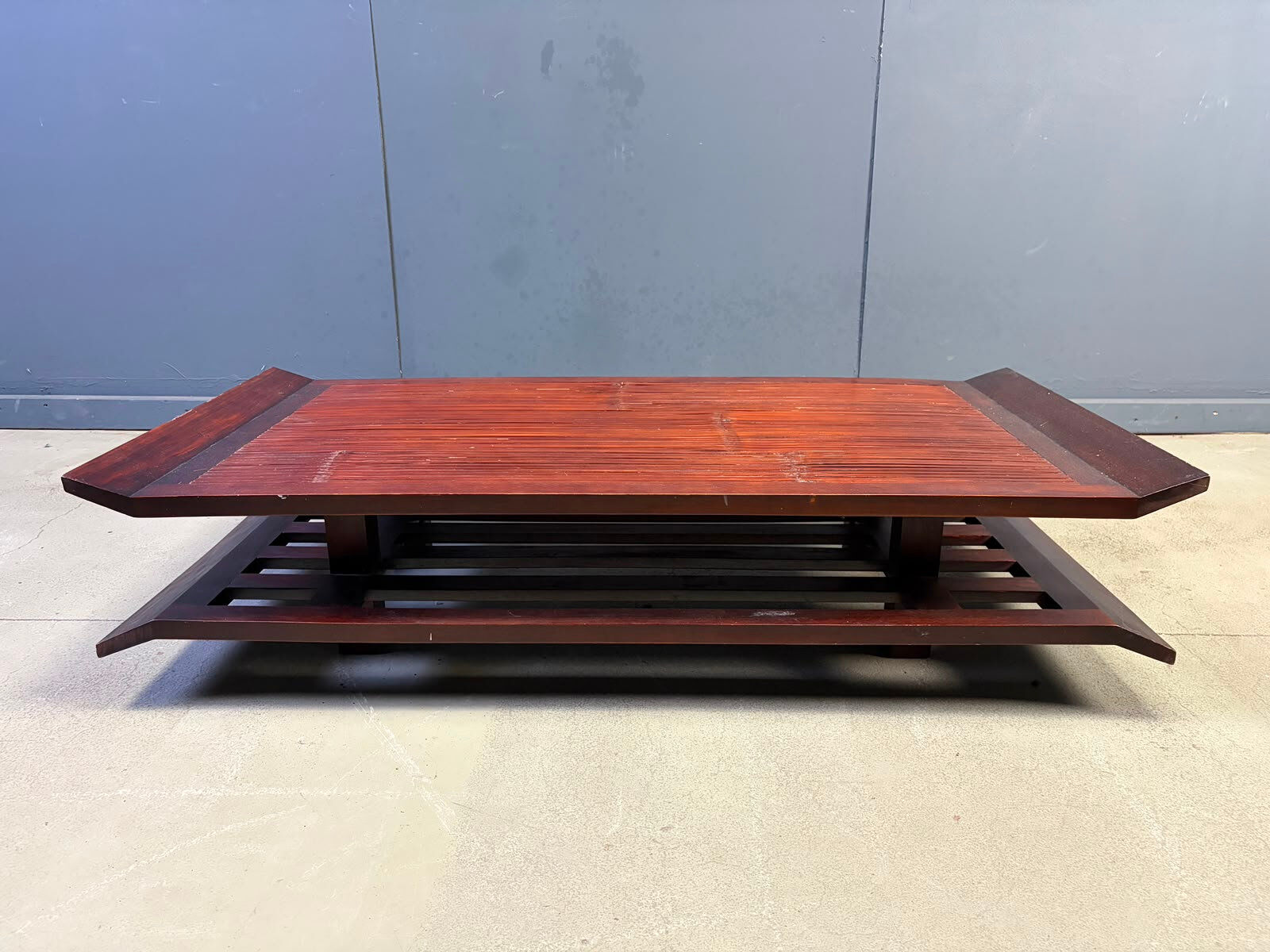 Two-tiered pagoda Wabi Sabi style coffee table in wood and bamboo, 1970s