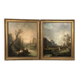 Pair of oils on canvas, 19th century animated landscapes