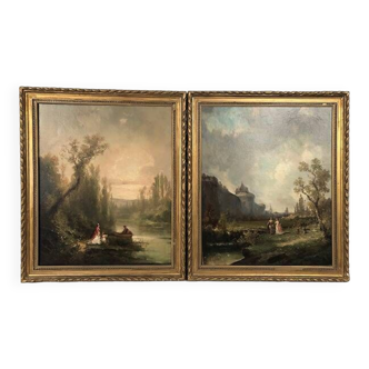 Paire d’huiles sur toile, paysages animés XIXe