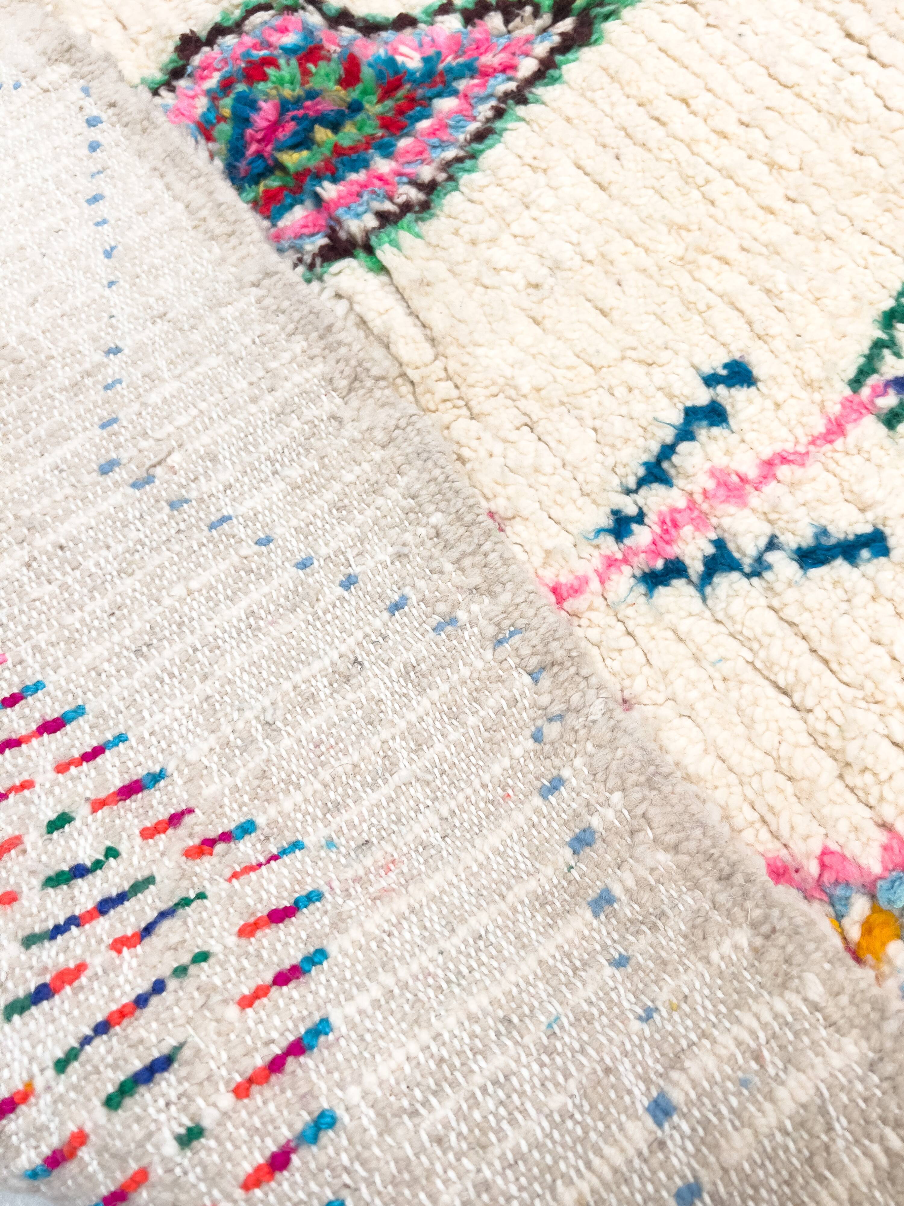 Moroccan Berber rug Azilal, ecru with colorful patterns, 2.10x1.54m