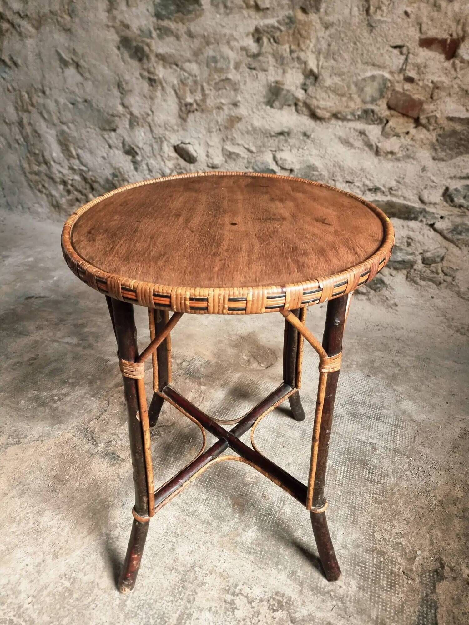 Vintage Round Bamboo and Wood Side Table | Mid-Century Bohemian Accent Table – 1950s/70s