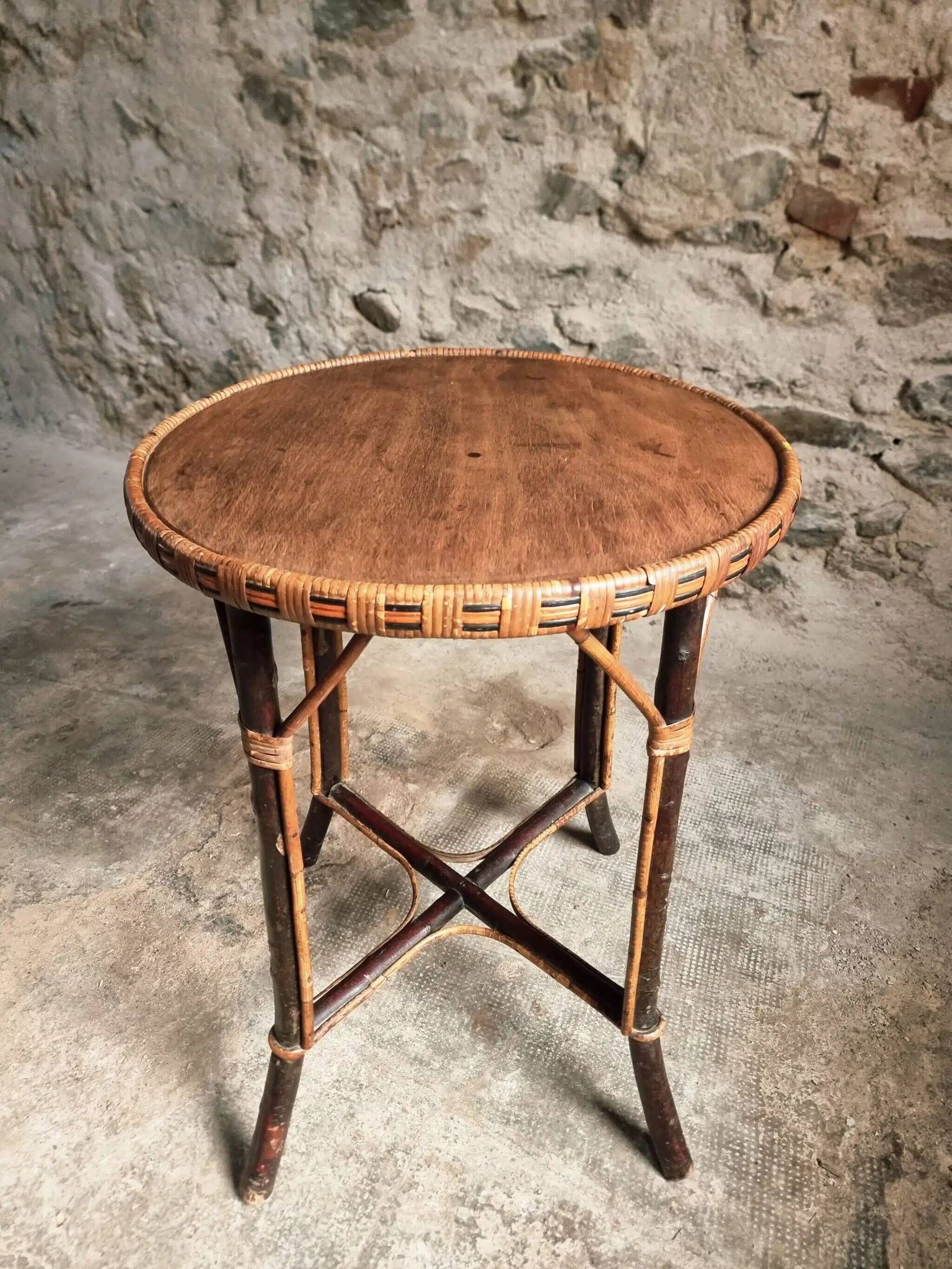 Vintage Round Bamboo and Wood Side Table | Mid-Century Bohemian Accent Table – 1950s/70s