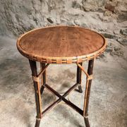 Vintage Round Bamboo and Wood Side Table | Mid-Century Bohemian Accent Table – 1950s/70s