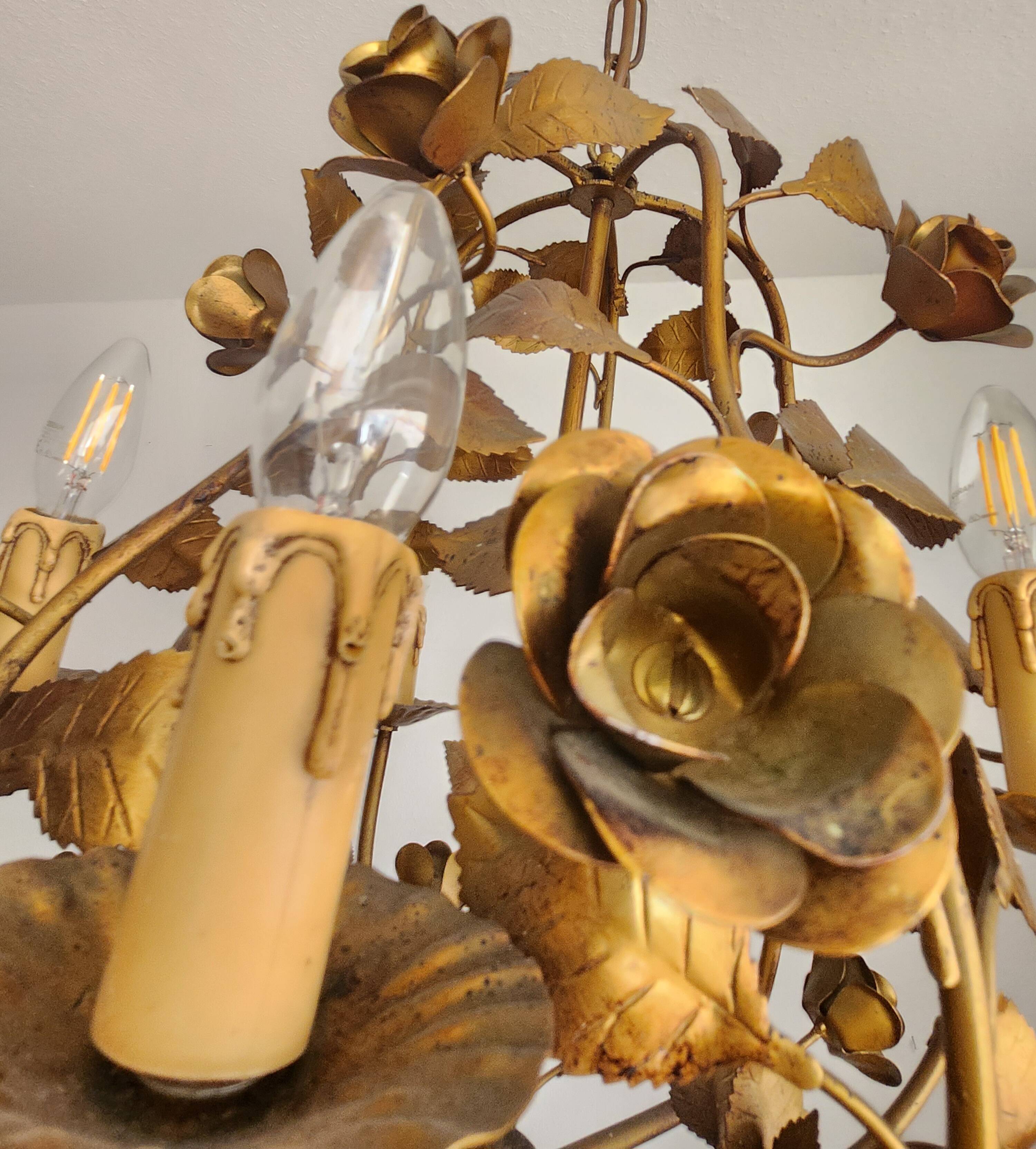 Chandelier hand-forged Hollywood Regency rose leaf decorations