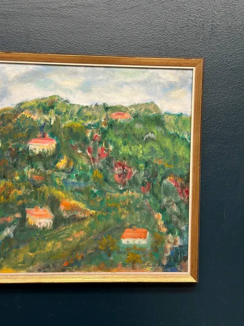 Original Swedish Oil on Canvas – “Hilly Landscape with Houses” by Lalla Blecher – Signed – Vintage & Framed