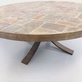 Vintage brutalist round coffee table in metal and slate from the 70s