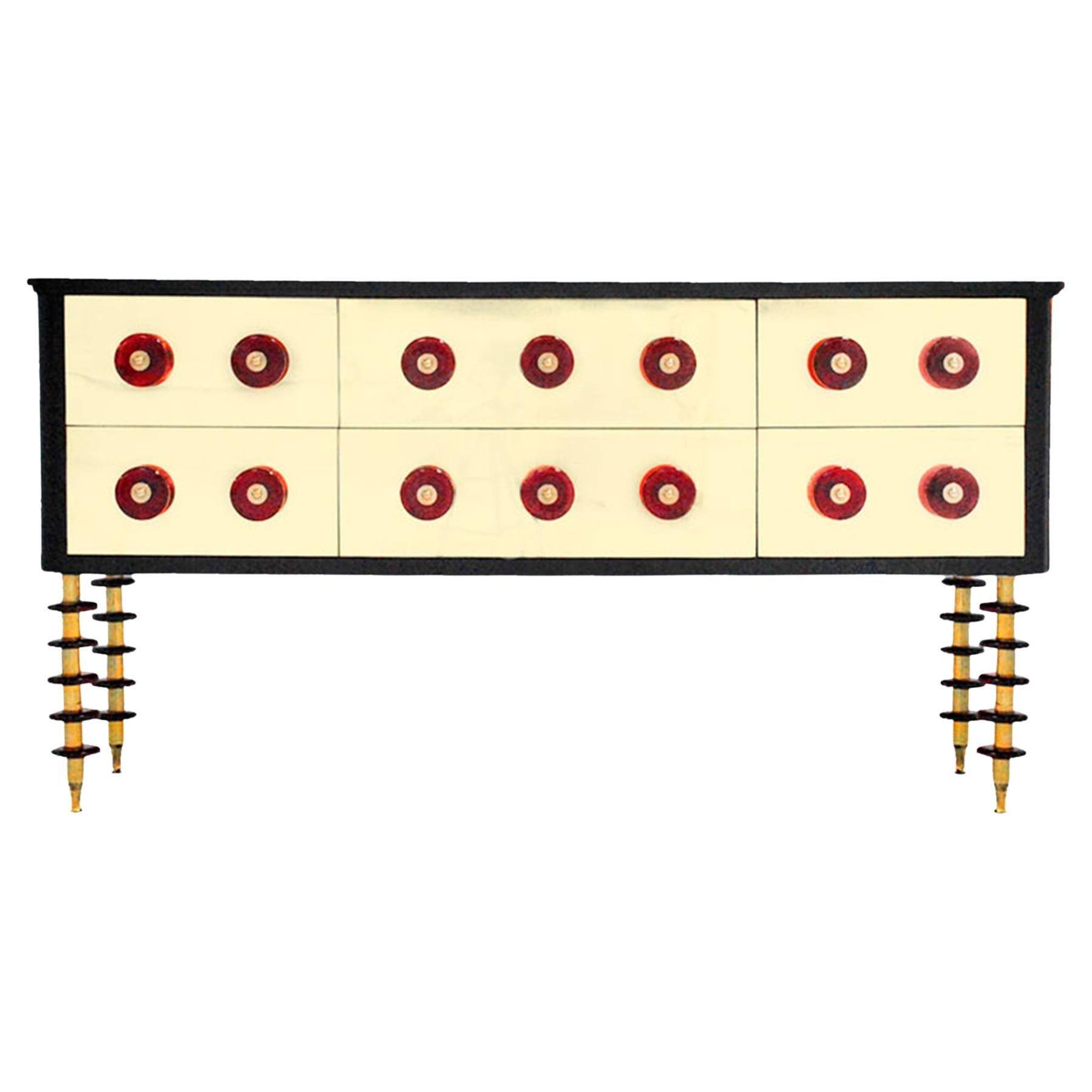 Midcentury Style Italian Sideboard Made of Solid Wood Murano Glass and Brass