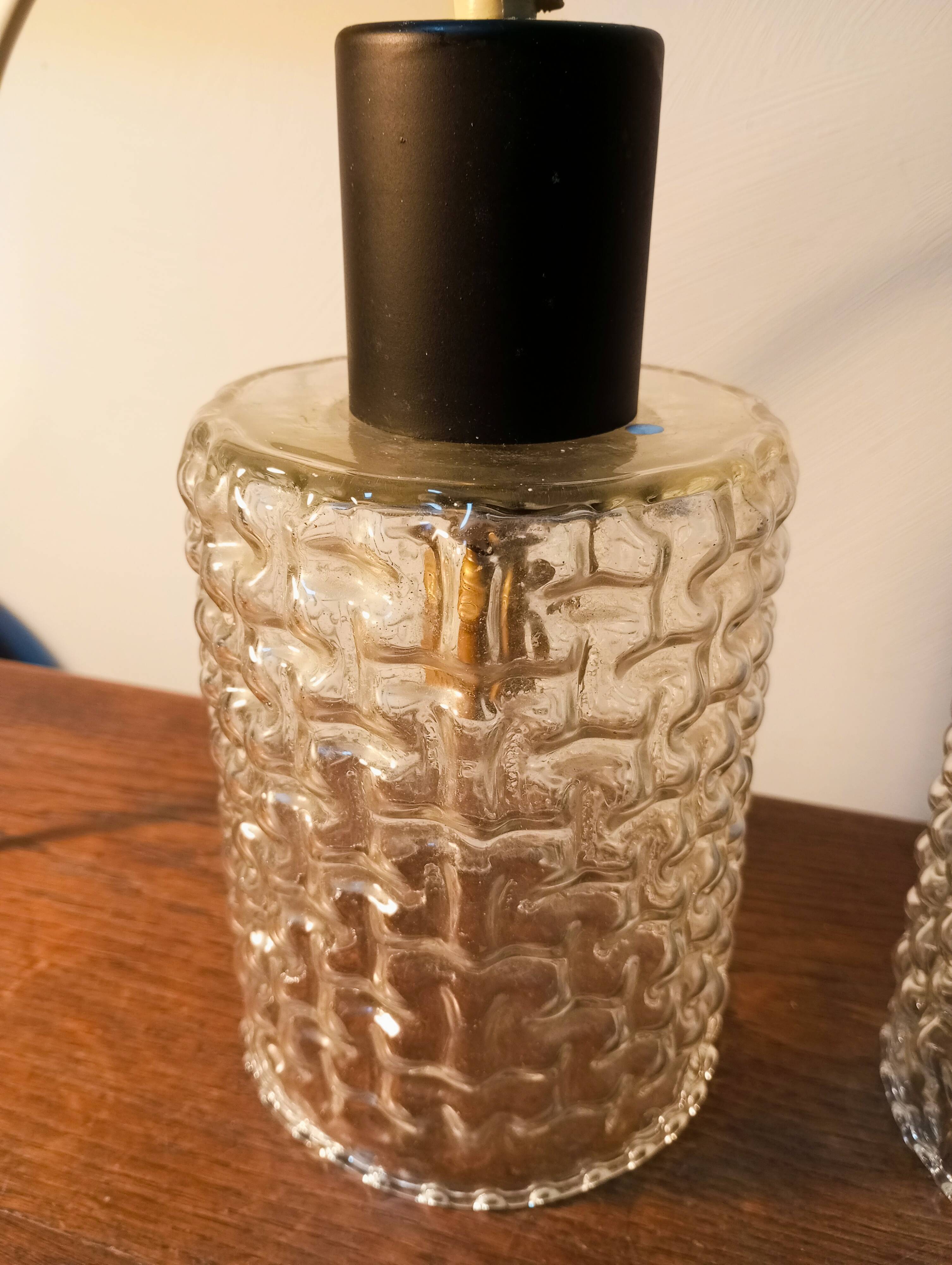 Pair of hanging lamps, glass and metal portable lamps