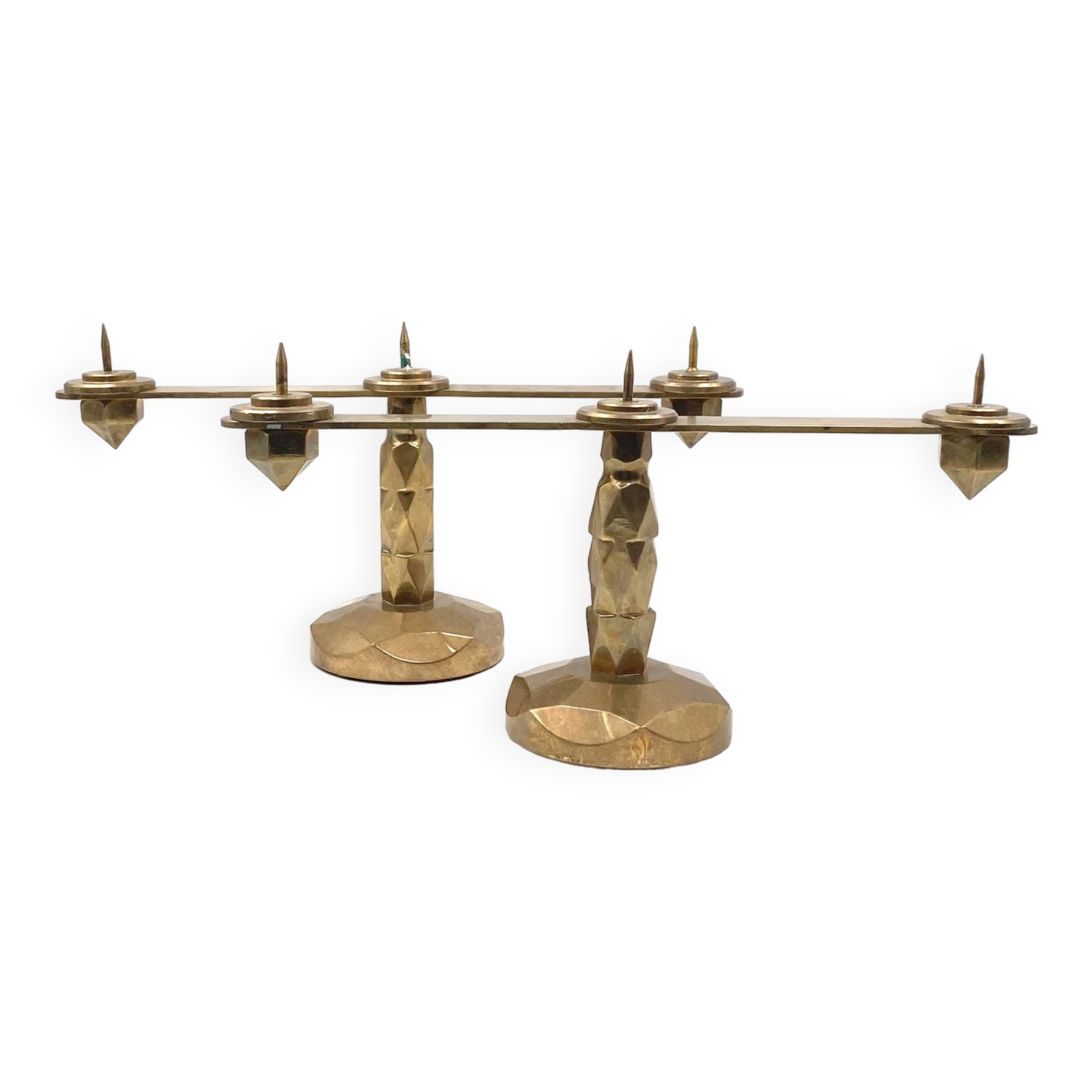 Brutalist brass pair of candle holders, France 1970
