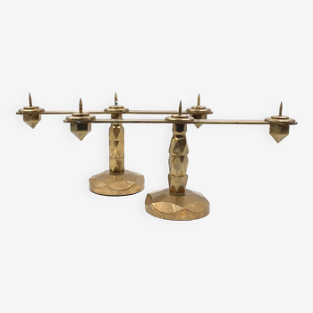 Brutalist brass pair of candle holders, France 1970