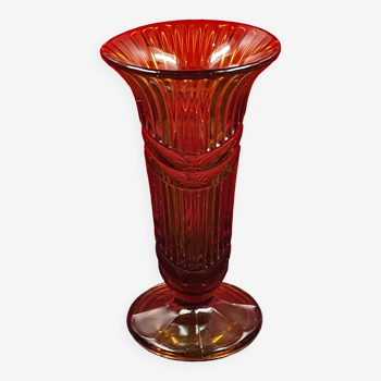 Art Deco Pressed Glass Vase Amber Color 25.3 cm