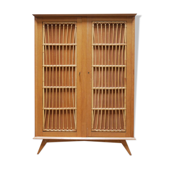 Vintage wardrobe in wood and rattan