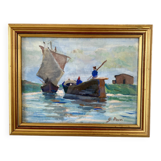 Huile marine italienne, cadre feuille d’or vitré
