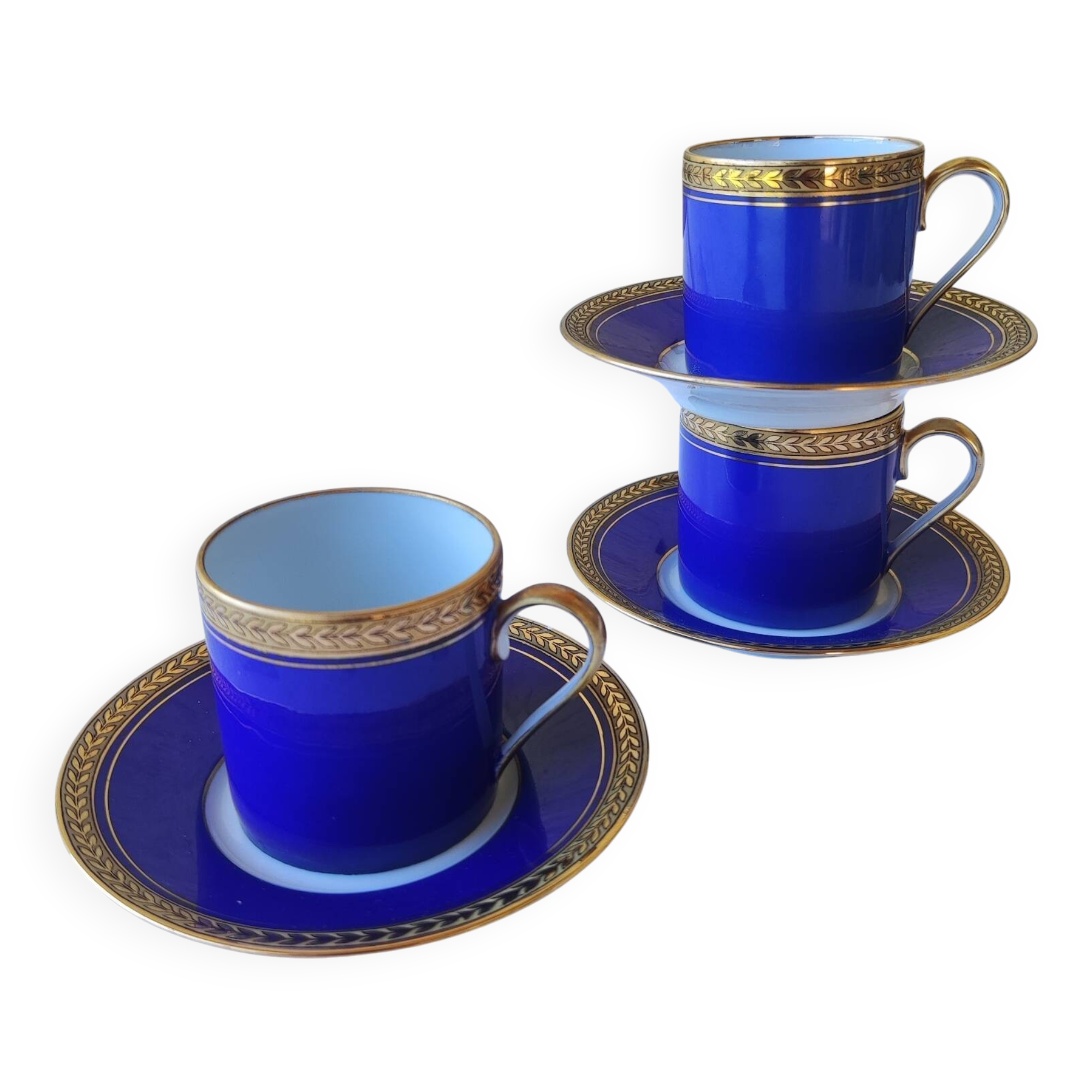 3 royal blue and gold cups and saucers - Royal Limoges porcelain