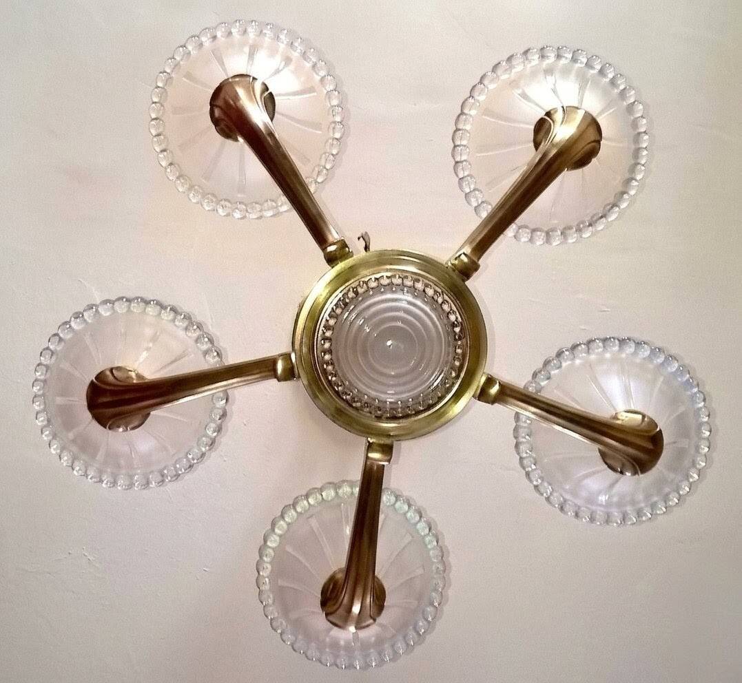 Art Deco chandelier signed Petitot opalescent glass