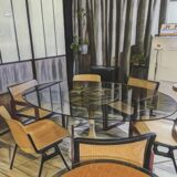 Pascal mourgue rare set de 3 fauteuils traîneaux cannés bois laqué  pour triconfort vintage 80's