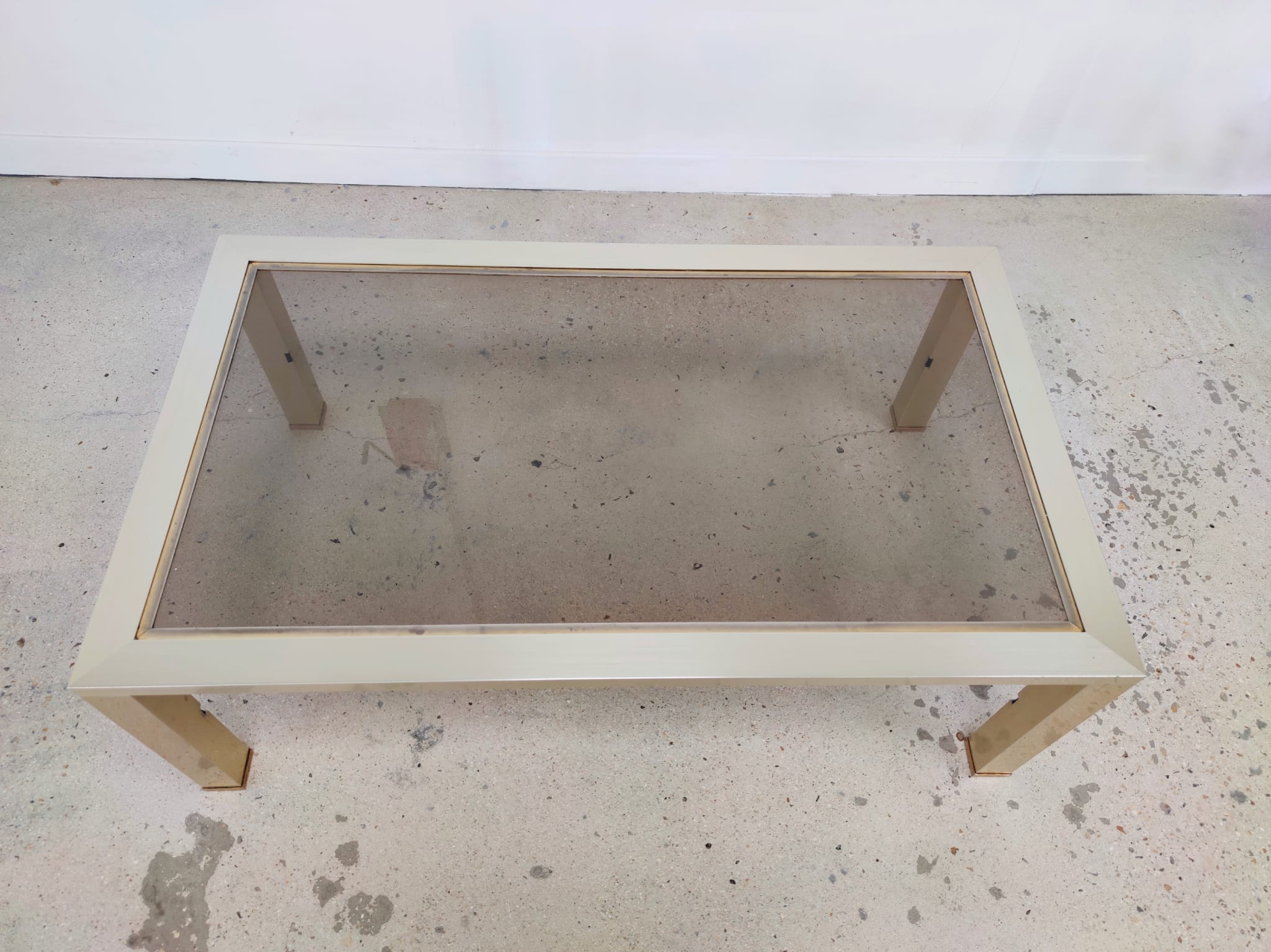 Vintage coffee table 1970s brushed metal smoked glass