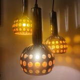 Raak orange three-light space age pendant light, 1970s Netherlands