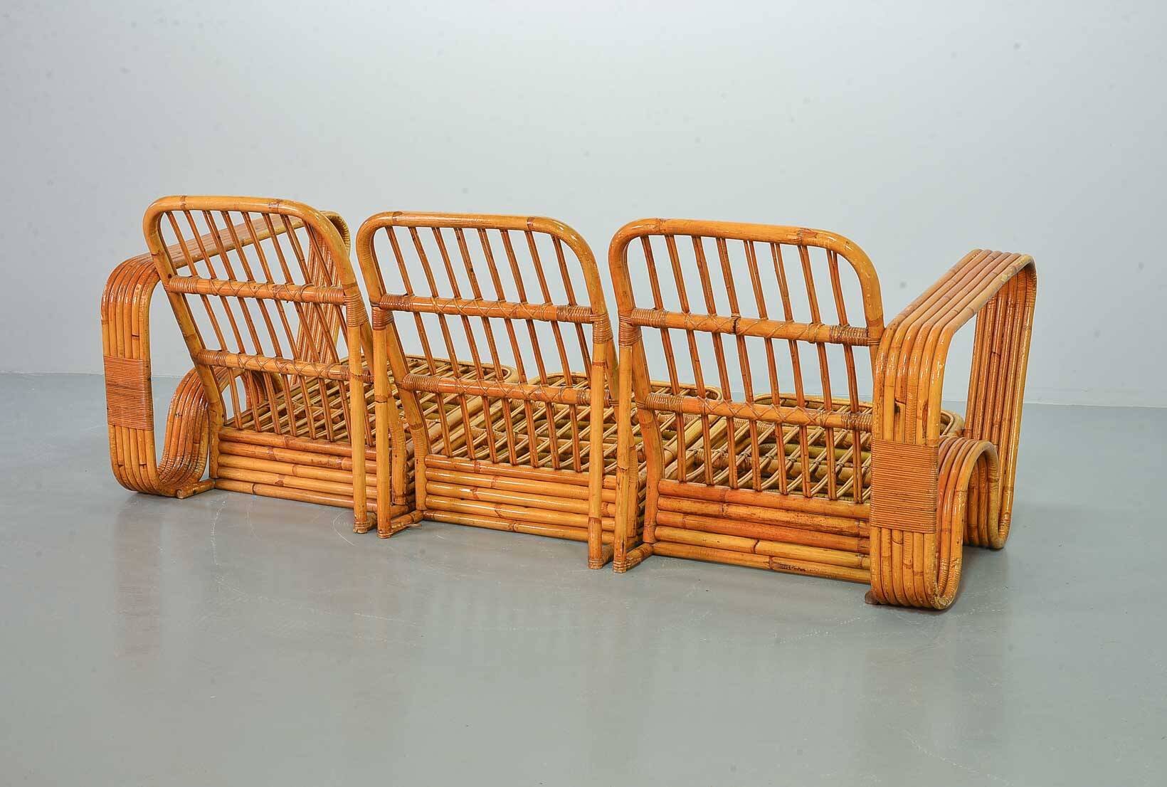 Exclusive Six Strand Rectangular Rattan 3-Seat Sofa after Paul Frankl, 50s