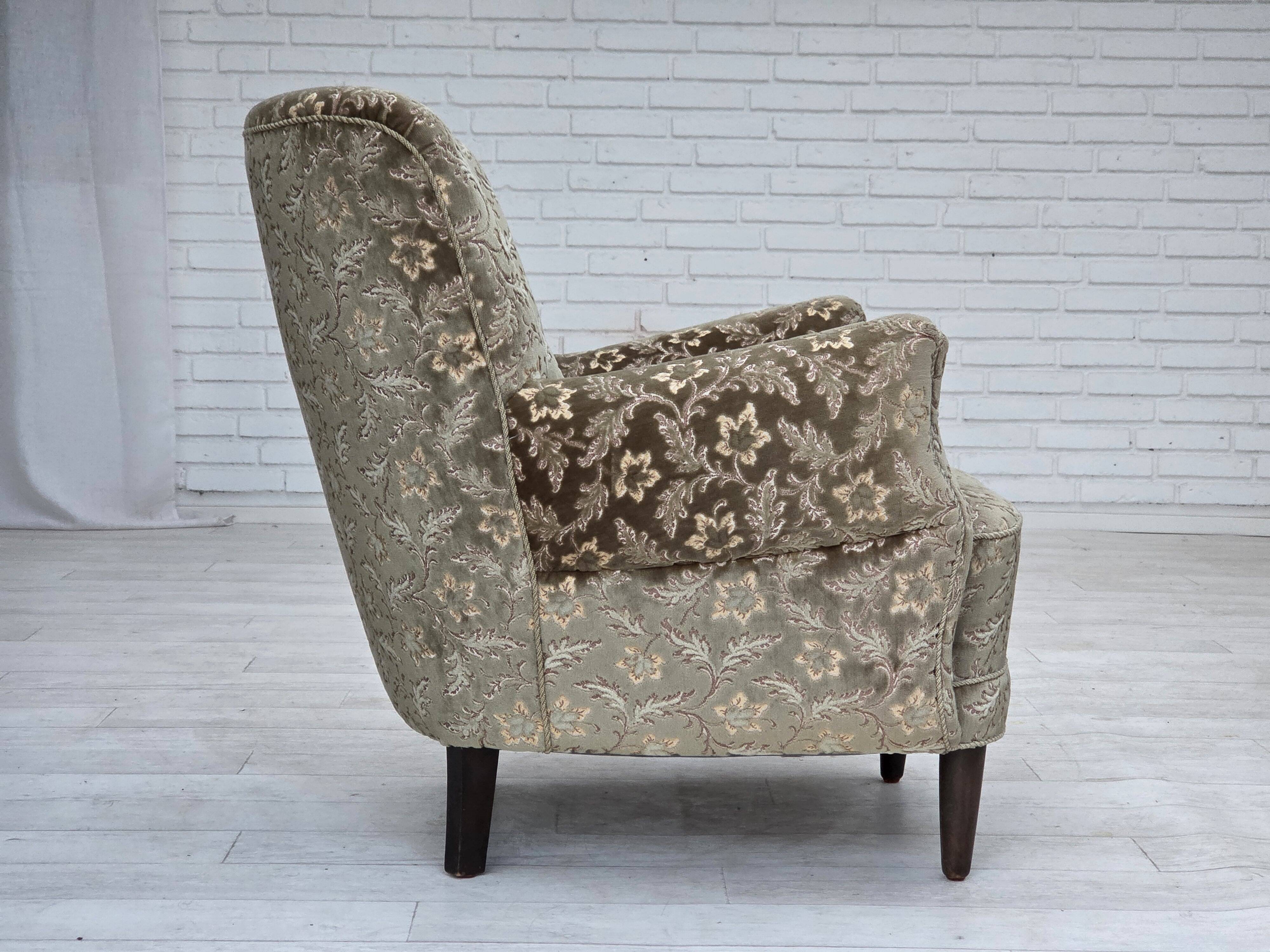 1960s, Danish armchair, light green furniture velour, teak wood legs.