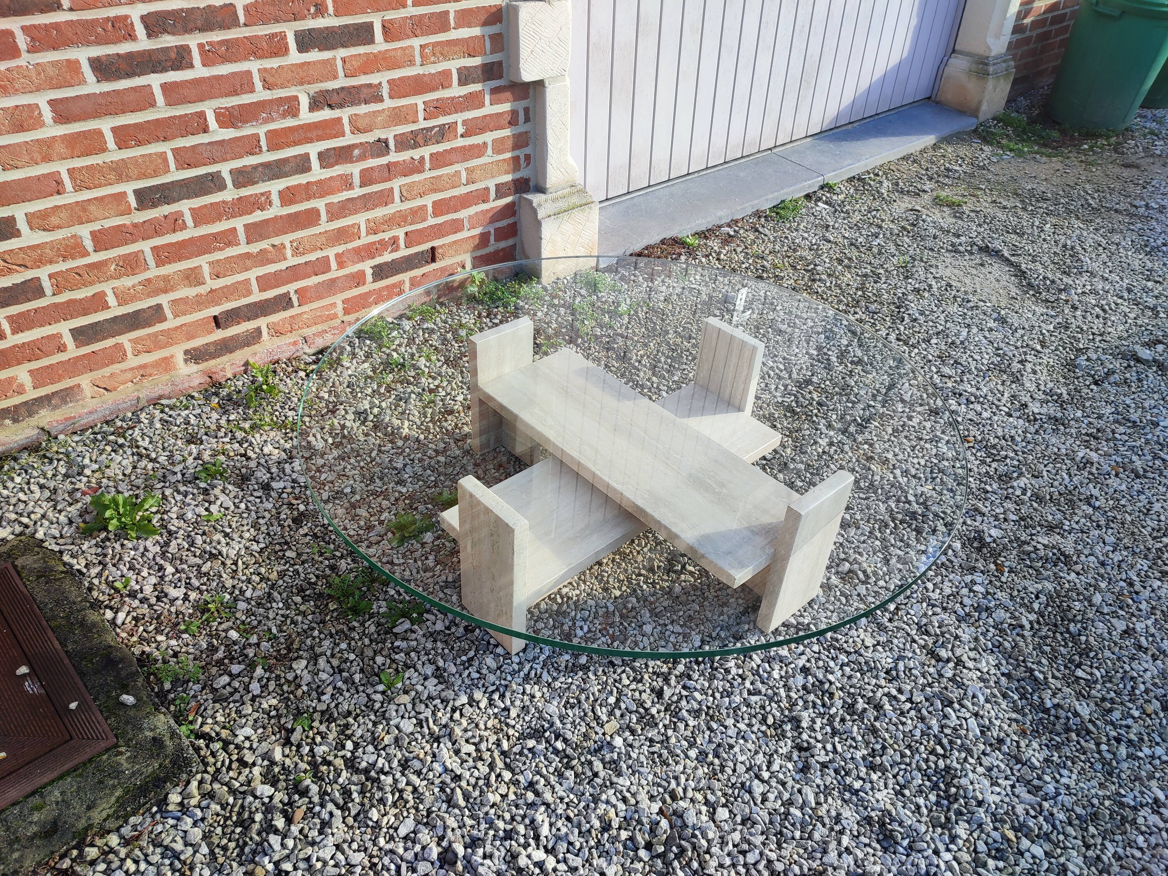 Coffee table in travertine and thick glass, Willy Ballez, 1970s