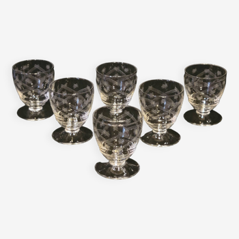 6 old art deco engraved crystal liqueur glasses