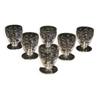 6 old art deco engraved crystal liqueur glasses
