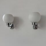 Pair of vintage wall lights, chrome and opaline glass, France, 1970
