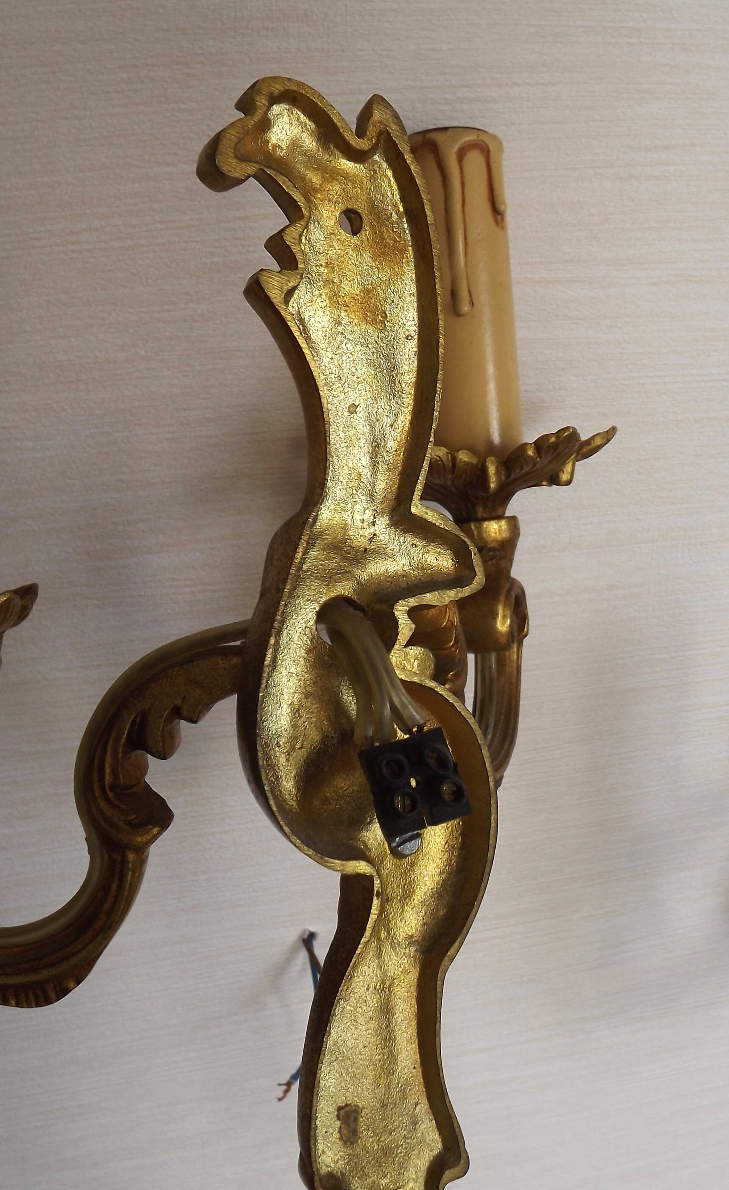 Stylish Vintage French Bronze Double Wall Sconces with Acanthus Leaf Detail