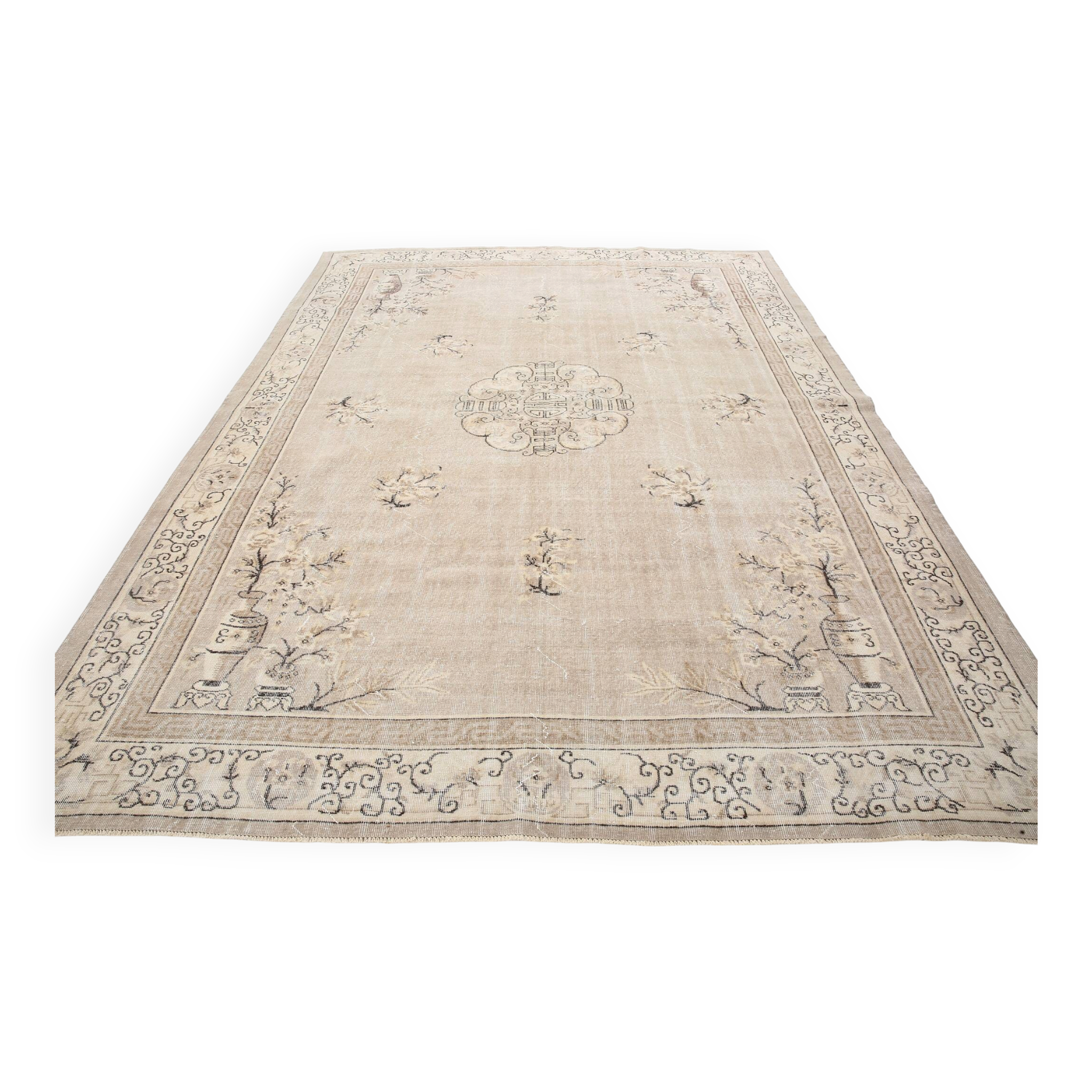 Grand Tapis Oriental Vintage Beige, Tapis Chinois Ancien, 260x342 Cm