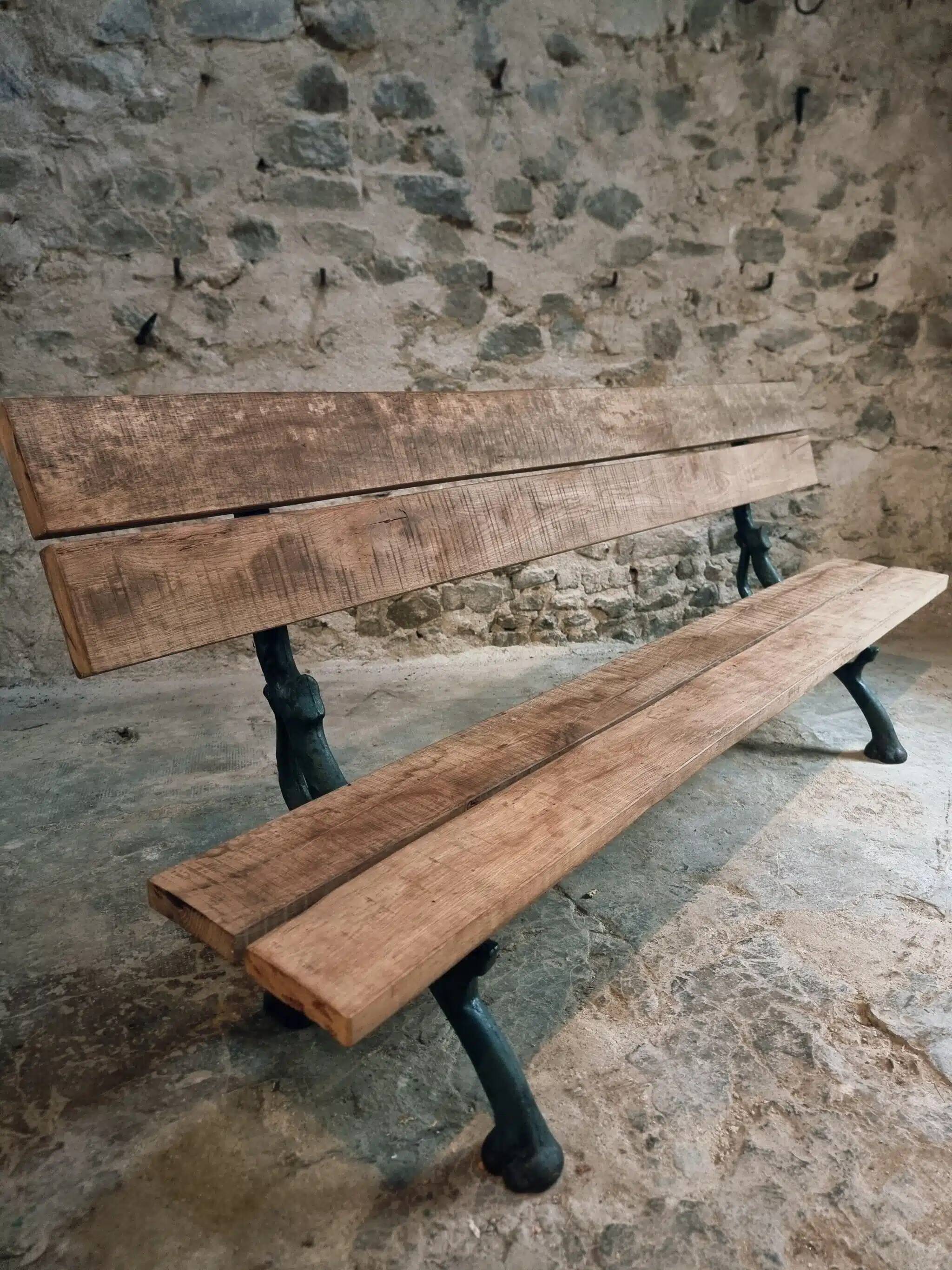 Antique French park bench in cast iron and oak – Sea green patina, 220 cm