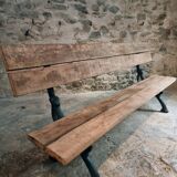 Antique French park bench in cast iron and oak – Sea green patina, 220 cm