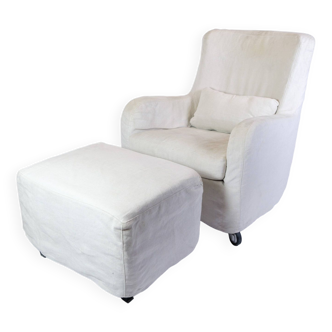 Micromilla Armchair With Stool Made In White Fabric From Italy