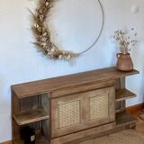 Antique TV cabinet in solid raw oak and canework